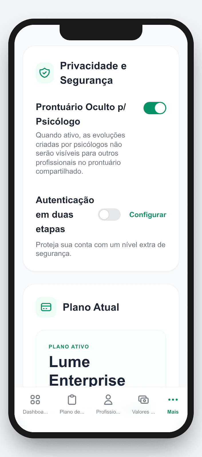 Configurações e plano mobile no Lume System