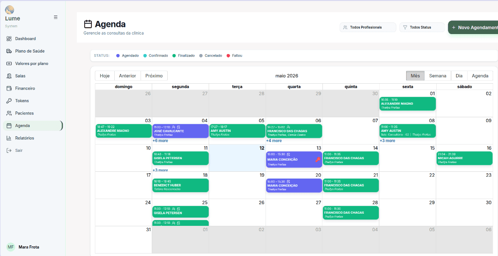 Tela de agendamento com calendario e status de consultas