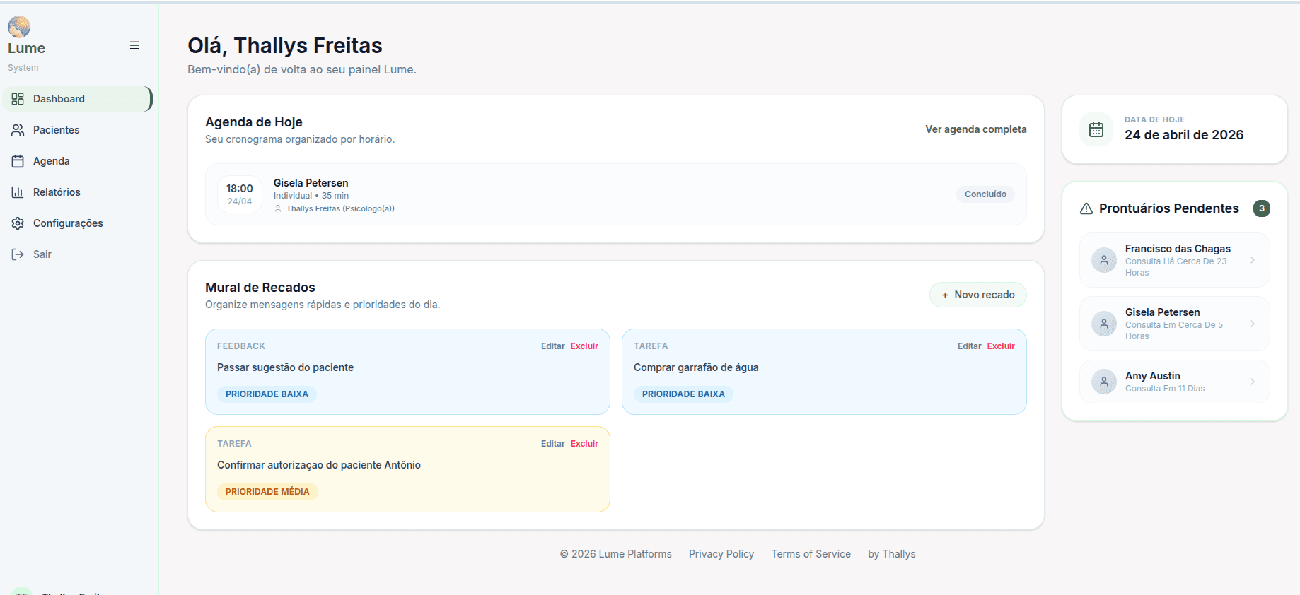 Tela principal do dashboard do Lume System