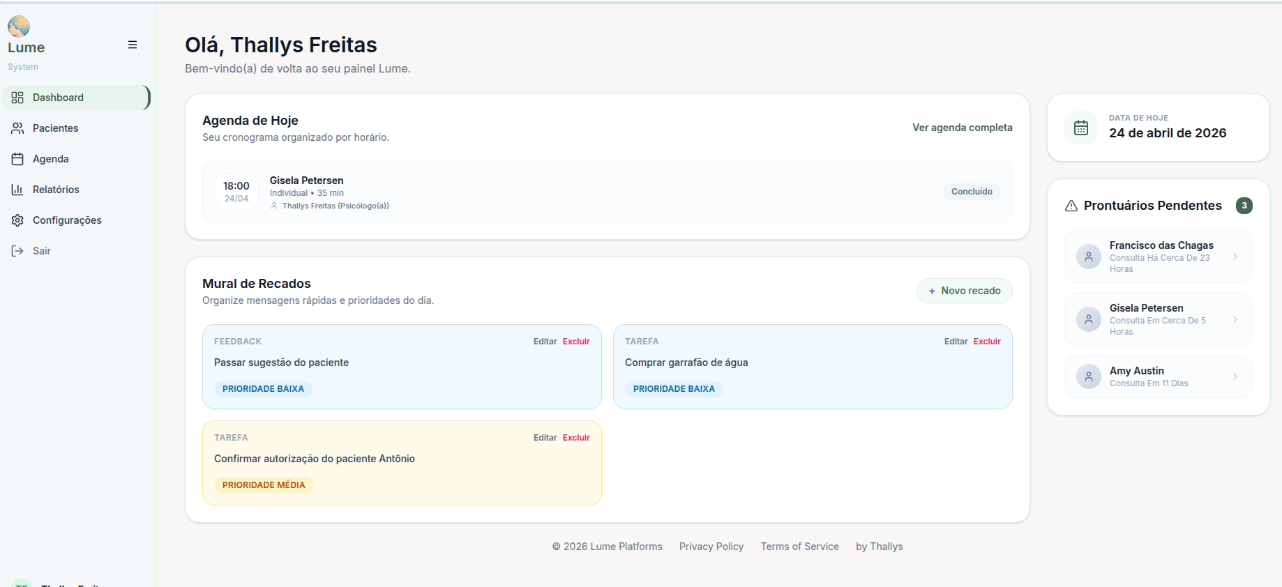 Tela principal do dashboard do Lume System