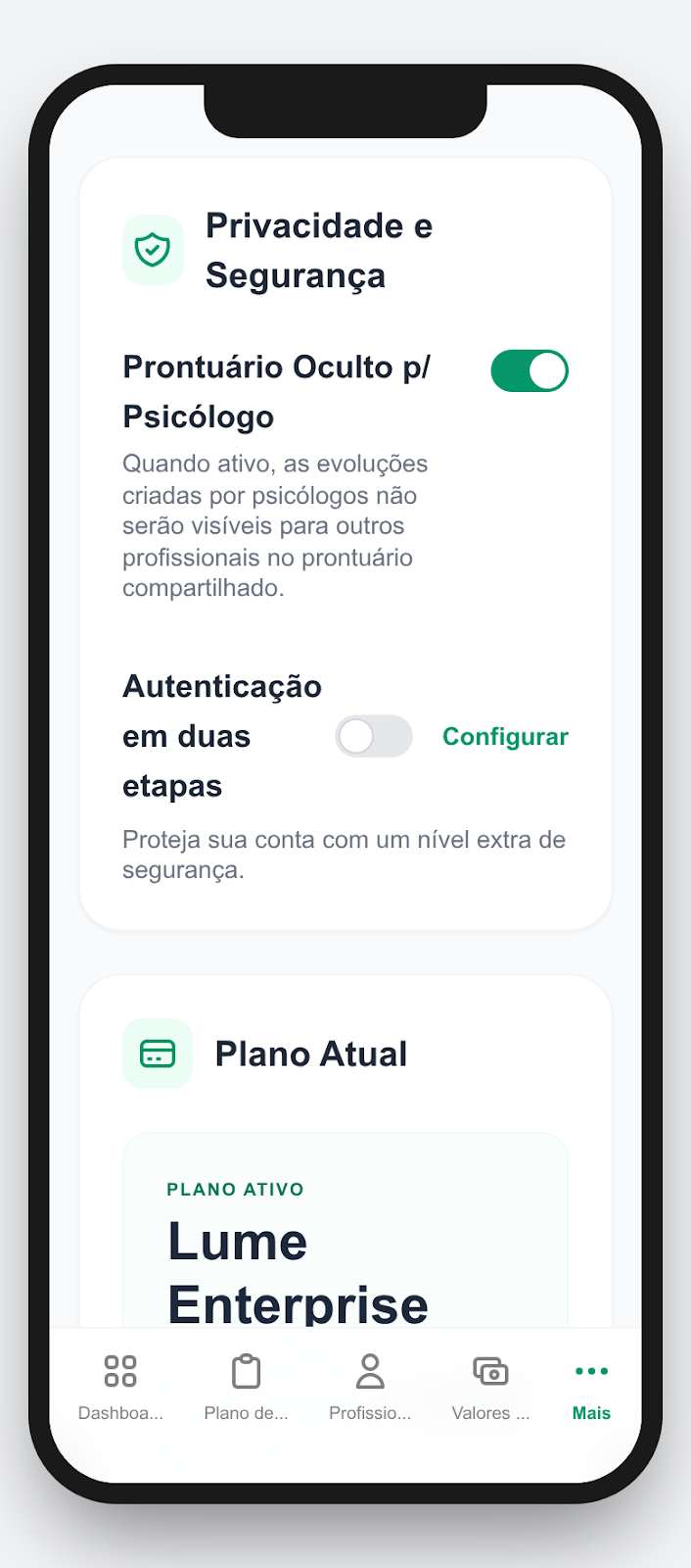 Configurações e plano mobile no Lume System